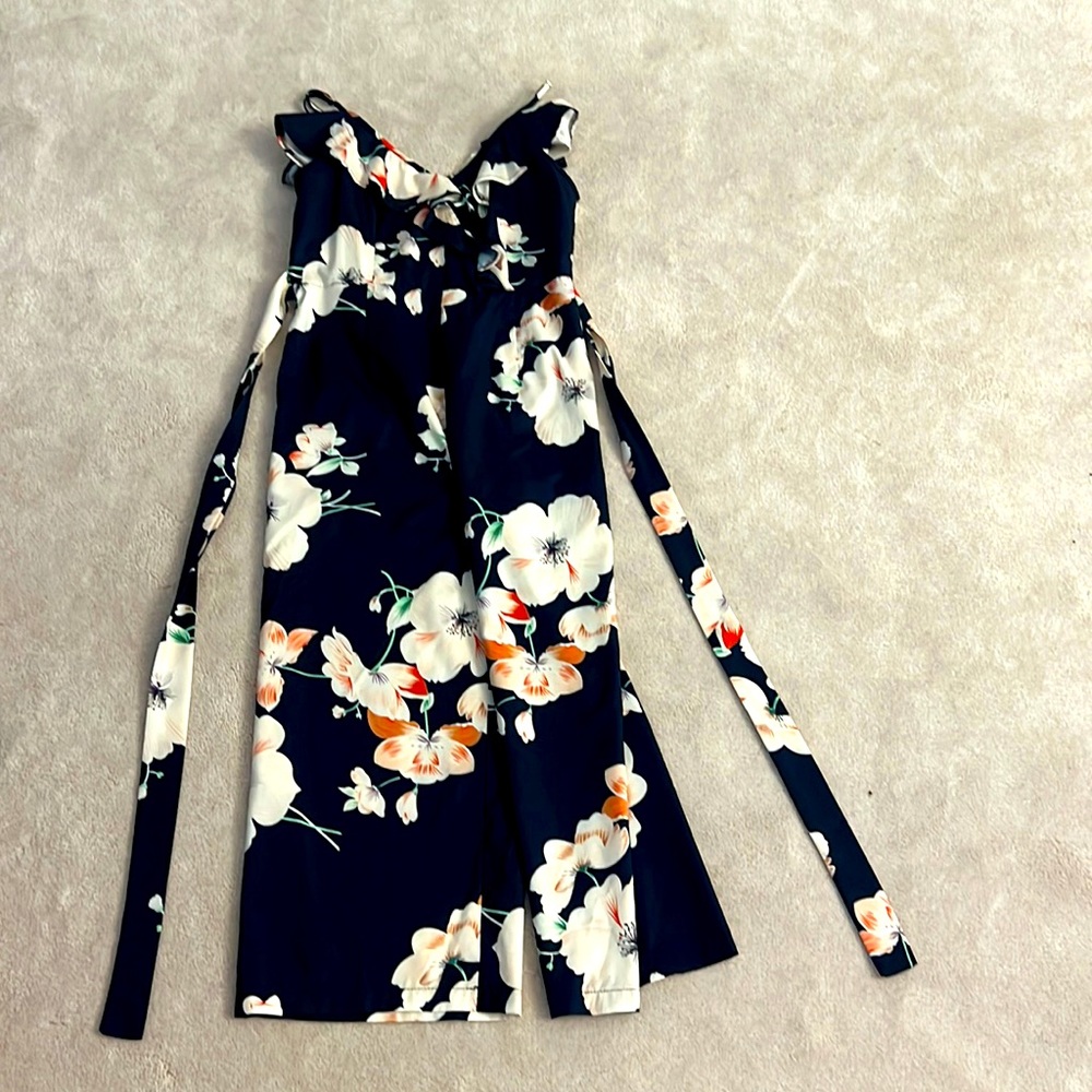 Navy botanical style jumpsuit with belt